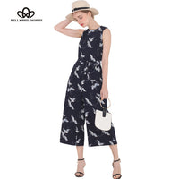 Bella Philosophy 2017 spring summer new women's bird print O-neck sleeveless belt sashes ankle-length jumpsuits blue