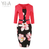 Yilia Women One Piece Patchwork Floral Print Elegant Business Party Formal Office Plus Size Bodycon Pencil Casual Work Dress