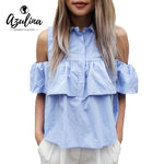 AZULINA 2017 Summer Women Casual Cold Shoulder Ruffles Blouse Shirts Turn Down Blue Casual Sexy Tops Chemise Femme Blusas Ladies
