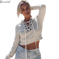 Gamiss Autumn chic lace up sweatshirt Women tops v neck ladies sweatshirt warm hoodies Gray crop top long sleeve girls