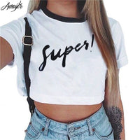 Awaytr Women's Summer Letter Printed Crop Top 2017 Short Sleeve Cotton T Shirts Brand New Casual Tees Cute Cropped Top