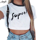 Awaytr Women's Summer Letter Printed Crop Top 2017 Short Sleeve Cotton T Shirts Brand New Casual Tees Cute Cropped Top