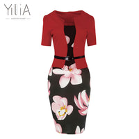 Yilia Women One Piece Patchwork Floral Print Elegant Business Party Formal Office Plus Size Bodycon Pencil Casual Work Dress