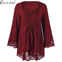 Gamiss Plus Size 5XL Female Blusa Retro Spring Autumn Lace Floral Crochet Patchwork Hollow Long Sleeve Top Feminine Blouse Shirt