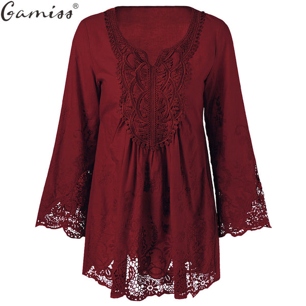 Gamiss Plus Size 5XL Female Blusa Retro Spring Autumn Lace Floral Crochet Patchwork Hollow Long Sleeve Top Feminine Blouse Shirt