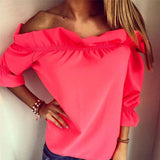 Fashion Women Blouse  puff sleeve slash neck soild shirt Strapless Off Shoulder Ruffles Feminine Blouses Ladies Tops TeeLJ3866M