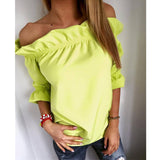 Fashion Women Blouse  puff sleeve slash neck soild shirt Strapless Off Shoulder Ruffles Feminine Blouses Ladies Tops TeeLJ3866M