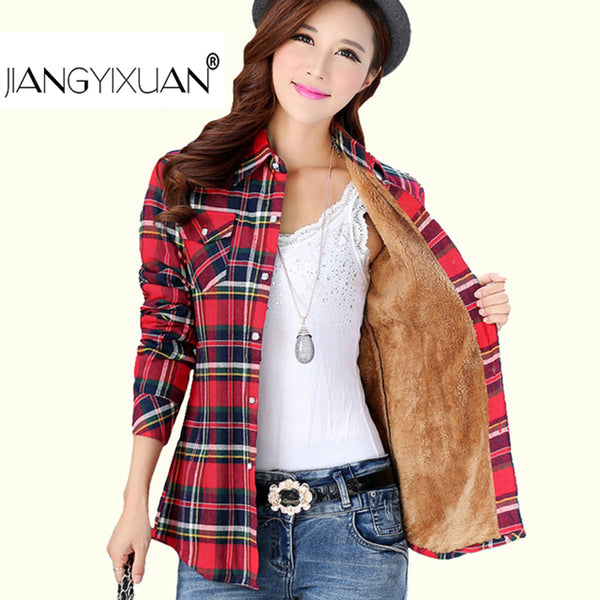 Thick velvet Blusas winter cotton long-sleeved women's plaid shirt flannel blouses feminina chemise femme camisas femenina tops