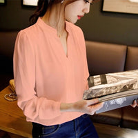 Zangcl Casual White Women Blouse Ladies Solid Elegant V-neck Blouses Long Sleeve OL Office Shirt