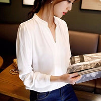 Zangcl Casual White Women Blouse Ladies Solid Elegant V-neck Blouses Long Sleeve OL Office Shirt