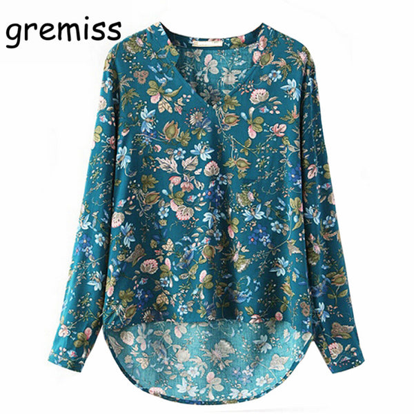 Gremiss Women Elegant Vintage Long Sleeve V-neck Floral  Blouses Pullover Cotton OL Shirts Casual Loose Blouse Tops