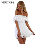 MUICHES Fashion women Elegant Vintage sweet lace white Dress stylish sexy slash neck casual slim beach Summer Sundress vestidos