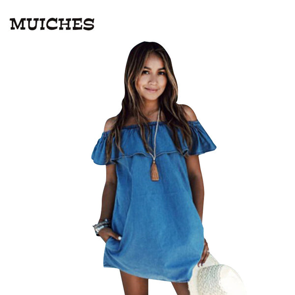 MUICHES2017 vintage Women Frilly Elegant Jeans Dress off the shoulder Casual Blue short Women's Summer Beach Party Denim Dresses