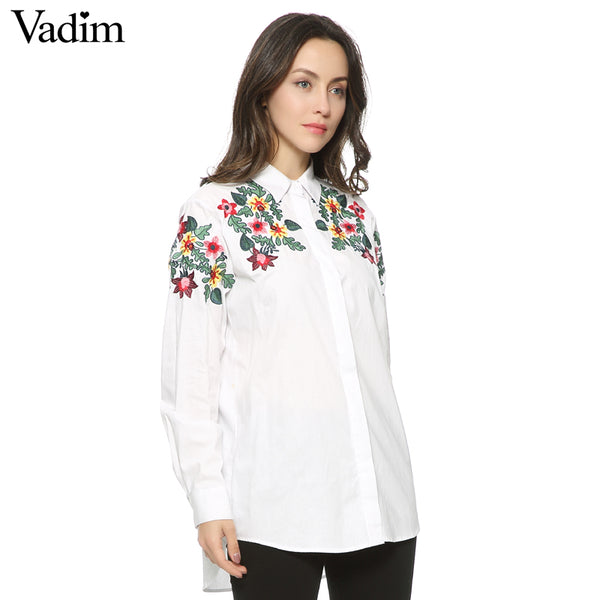 Women full cotton floral embroidery white long blouse oversized long sleeve loose shirt office wear casua tops blusas LT1411