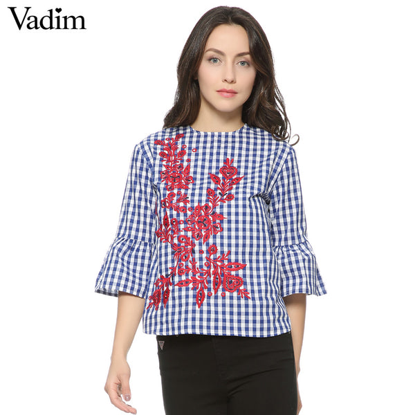 Women floral embroidery plaid blouse full cotton three quarter flare sleeve loose shirts fashion streetwear tops blusas LT1194