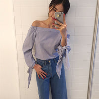 Women Blouse Elegant Bow Blue Off Shoulder Female Blouse Shirt Sexy Summer 2017 Girls White blouse Women Tops Striped Blusas 3XL