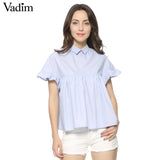 women elegant butterfly sleeve loose pleated cute shirts pleated blue back bow short sleeve blouse summer casual tops DT729