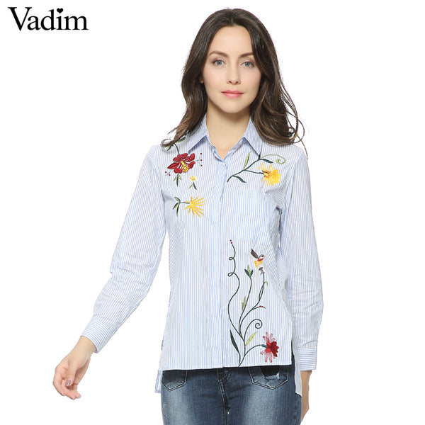 Women sweet floral embroidery striped long shirts long sleeve blouse side split turn-down collar casual tops blusas LT1120