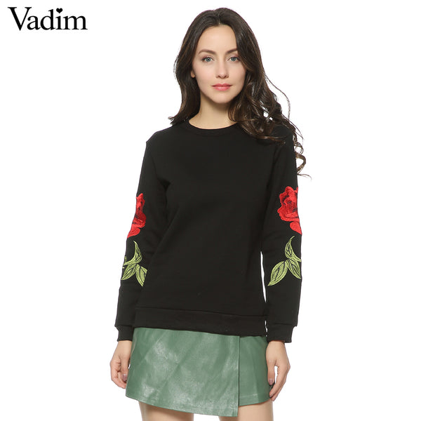 Women Embroidery floral black White sweatshirts long sleeve elegant warm winter pullover vintage O-neck casual tops SW901