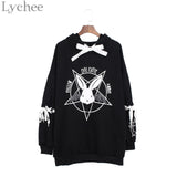 Lychee Harajuku Lolita Style Women Sweatshirt Rabbit Pentacle Print Lace Up Hoodies Casual Loose Long Sleeve Tracksuit