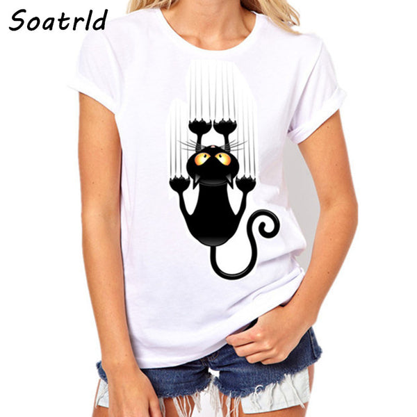 2017 Womens Brand Clothing Summer Women T Shirt Short Sleeve O-neck Casual Funny Black Cat Tops Tees Female Ladies T-Shirt