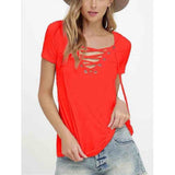 LASPERAL Summer Women T-shirts Short Sleeve Sexy Deep V Neck Bandage Shirt Women Lace Up Tops Tees T Shirt Plus Size Large 5XL