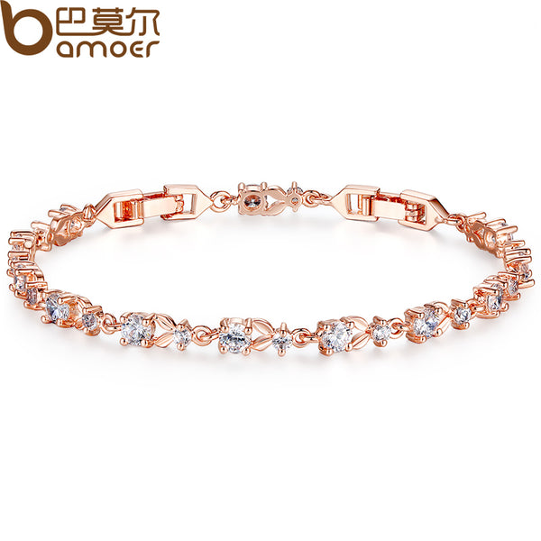 BAMOER 6 Colors Luxury Rose Gold Color Chain Link Bracelet for Women Ladies Shining AAA Cubic Zircon Crystal Jewelry JIB013