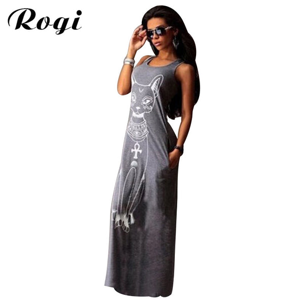 Rogi Cat Print Long Maxi Dress Summer Boho Beach Bodycon Dresses Vintage Sundresses Evening Party Dress Vestidos Mujer Plus Size