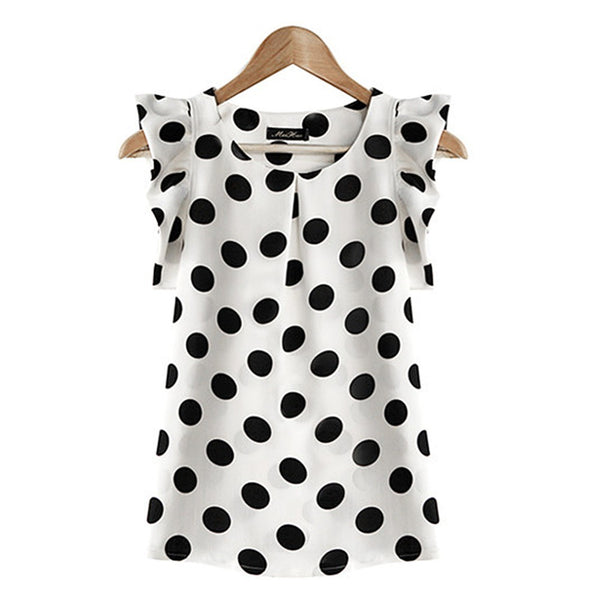 Fashion Women Printed Polka Dot Casual Chiffon Blouse Puffed Short Sleeve Shirt Summer Tops