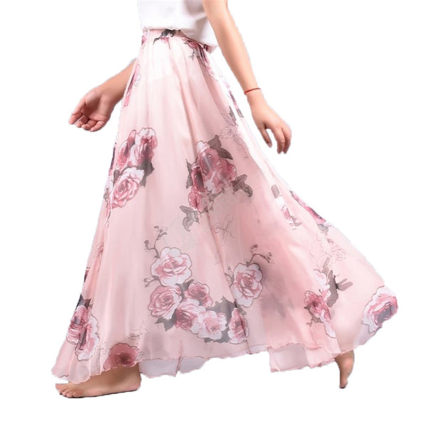 Elegant Summer 2017 Women Long Skirt Chiffon Saia Beach Bohemian Maxi Skirts High Waist Tutu Casual Vestidos Harajuku Print
