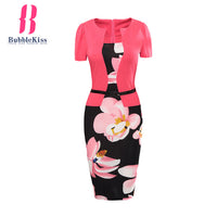 Office Dress Pencil Women Summer Bodycon Sexy Print Plus Size Floral Fake Two Piece Belt Casual Vestidos Bubblekiss Dress Robe