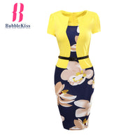 Office Dress Pencil Women Summer Bodycon Sexy Print Plus Size Floral Fake Two Piece Belt Casual Vestidos Bubblekiss Dress Robe