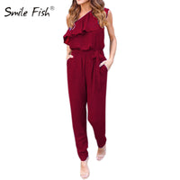 Summer Women Sexy Beach Ruffles Solid Chiffon Jumpsuits Lace Up Loose Casual One Shoulder All-match Jumpsuit Plus Size GV608