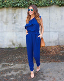 Summer Women Sexy Beach Ruffles Solid Chiffon Jumpsuits Lace Up Loose Casual One Shoulder All-match Jumpsuit Plus Size GV608