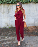 Summer Women Sexy Beach Ruffles Solid Chiffon Jumpsuits Lace Up Loose Casual One Shoulder All-match Jumpsuit Plus Size GV608