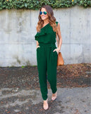 Summer Women Sexy Beach Ruffles Solid Chiffon Jumpsuits Lace Up Loose Casual One Shoulder All-match Jumpsuit Plus Size GV608