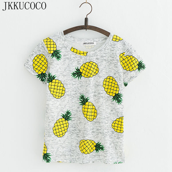 JKKUCOCO Hot Style Pineapple Print Tees Short Sleeve T-shirt Women t shirt Summer Cotton t-shirt Women Tops Causal t-shirts