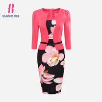 Office Dress Pencil Women Summer Bodycon Sexy Print Plus Size Floral Fake Two Piece Belt Casual Vestidos Bubblekiss Dress Robe