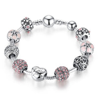 BAMOER Antique Silver Charm Bracelet & Bangle with Love and Flower Crystal Ball Women Wedding Valentine's Day Gift PA1455