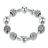 BAMOER Antique Silver Charm Bracelet & Bangle with Love and Flower Crystal Ball Women Wedding Valentine's Day Gift PA1455