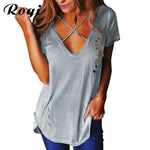 Rogi Sexy Holes Summer T-Shirt Women 2017 Cross V Neck Ripped T Shirts Bandage Loose Basic Female Tee Tops Blusas Camisas Mujer