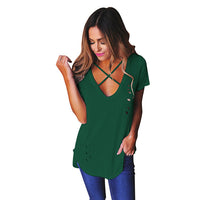 Rogi Sexy Holes Summer T-Shirt Women 2017 Cross V Neck Ripped T Shirts Bandage Loose Basic Female Tee Tops Blusas Camisas Mujer