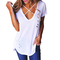 Rogi Sexy Holes Summer T-Shirt Women 2017 Cross V Neck Ripped T Shirts Bandage Loose Basic Female Tee Tops Blusas Camisas Mujer