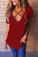 Rogi Sexy Holes Summer T-Shirt Women 2017 Cross V Neck Ripped T Shirts Bandage Loose Basic Female Tee Tops Blusas Camisas Mujer