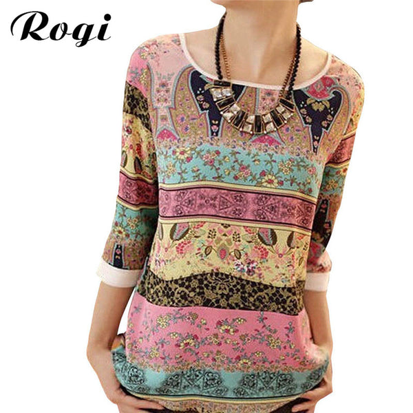 Rogi Women Chiffon Blouses Shirts 2017 Summer Boho Print Ladies Tops Casual O-Neck Blouse Female Blusas Camisas Mujer Plus Size