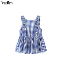 Vadim women sweet ruffles plaid pleated shirts buttons sleeveless backless checked blouse ladies summer casual tops blusas WT459