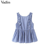 Vadim women sweet ruffles plaid pleated shirts buttons sleeveless backless checked blouse ladies summer casual tops blusas WT459