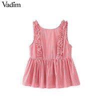 Vadim women sweet ruffles plaid pleated shirts buttons sleeveless backless checked blouse ladies summer casual tops blusas WT459