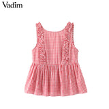 Vadim women sweet ruffles plaid pleated shirts buttons sleeveless backless checked blouse ladies summer casual tops blusas WT459