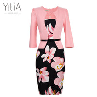 Yilia Women One Piece Patchwork Floral Print Elegant Business Party Formal Office Plus Size Bodycon Pencil Casual Work Dress